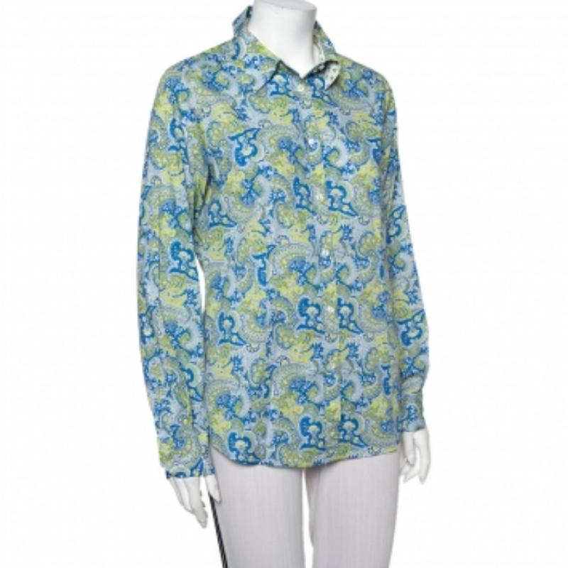 Blue Etro Multicolor Paisley Printed Cotton Button Front Shirt L For Sale