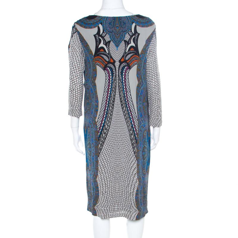 Gray Etro Multicolor Paisley Printed Cowl Neck Shift Dress L For Sale