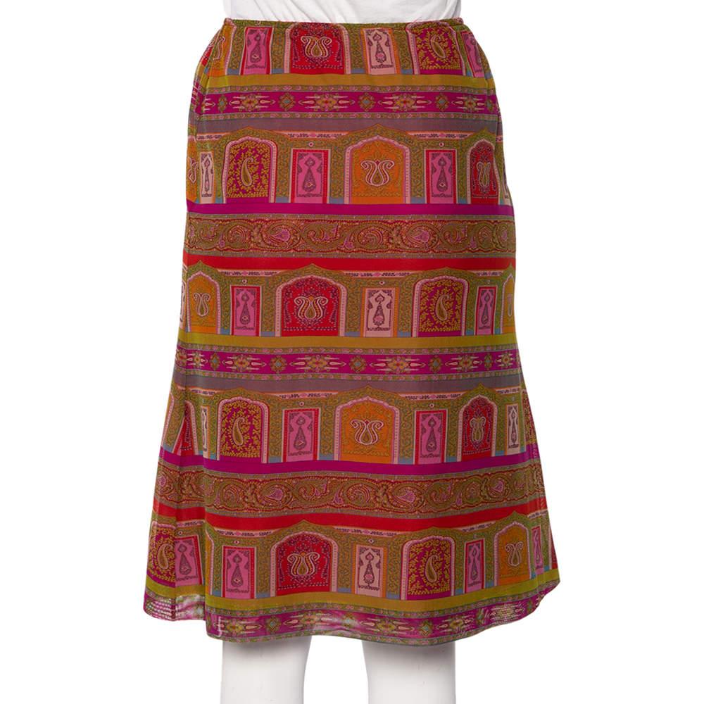 Brown Etro Multicolor Paisley Printed Mesh Knit A-Line Skirt M