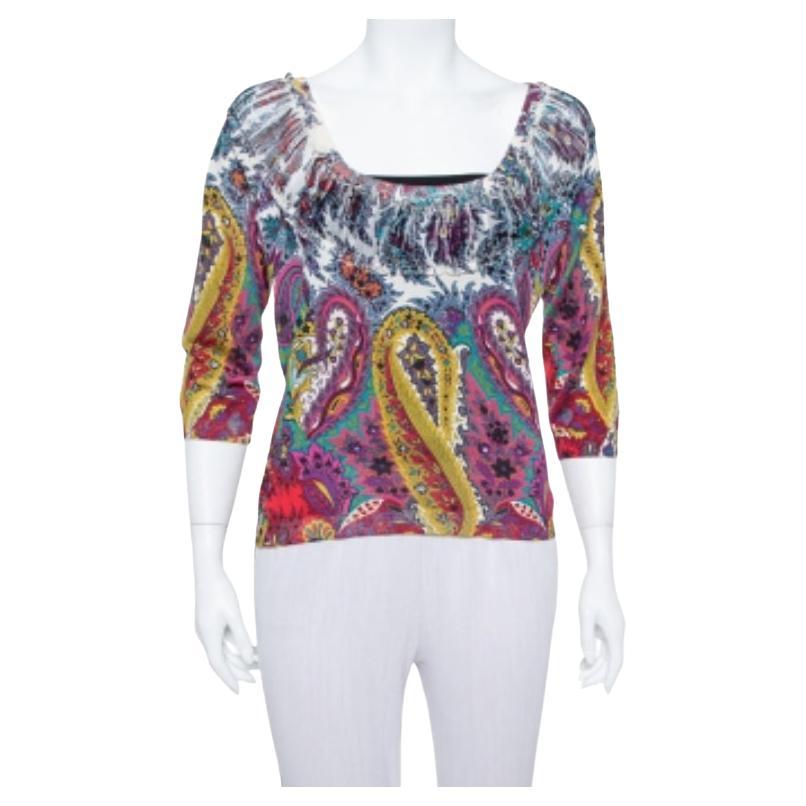 Etro Multicolor Paisley Printed Silk Knit Top L For Sale