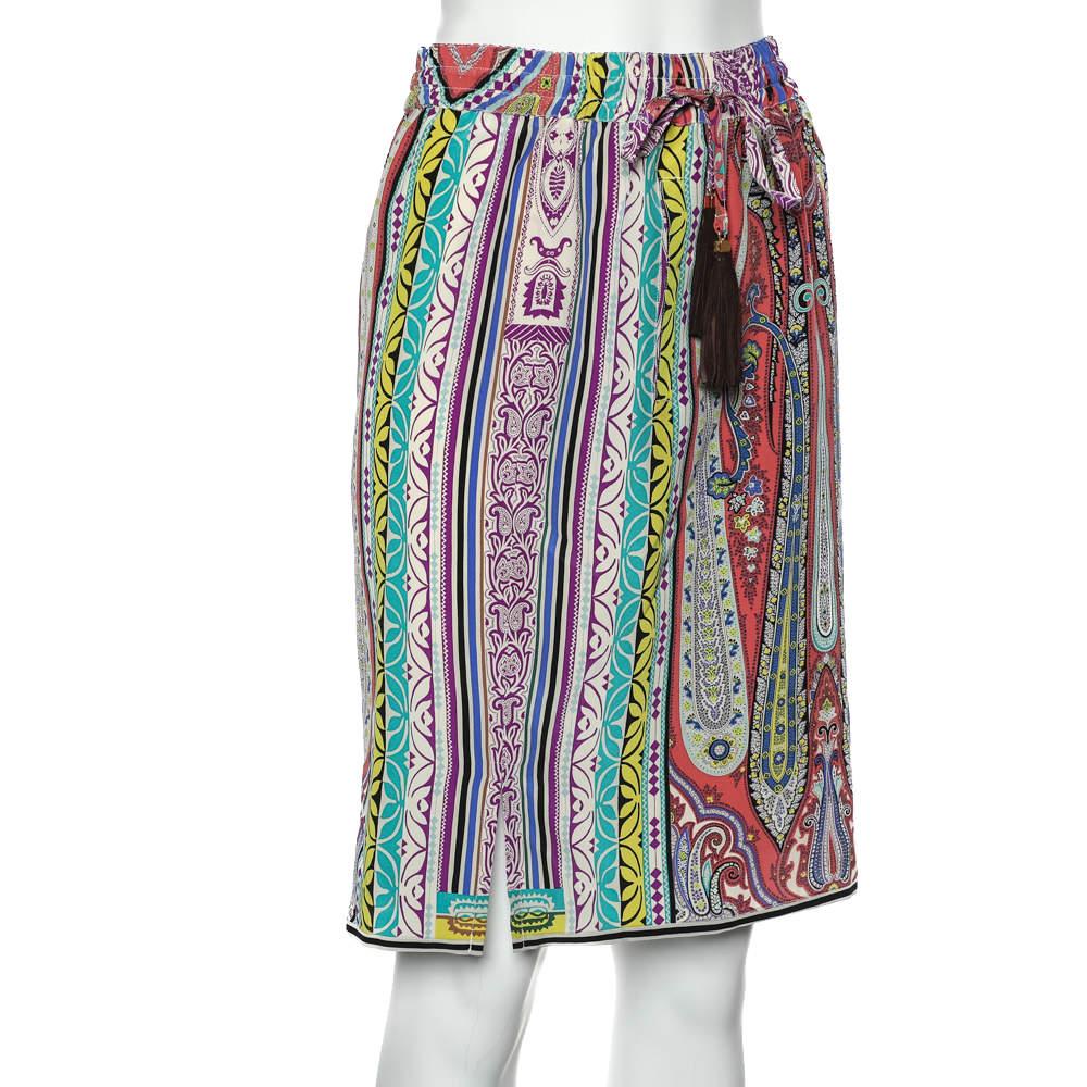 Gray Etro Multicolor Paisley Printed Silk Mini Skirt M For Sale