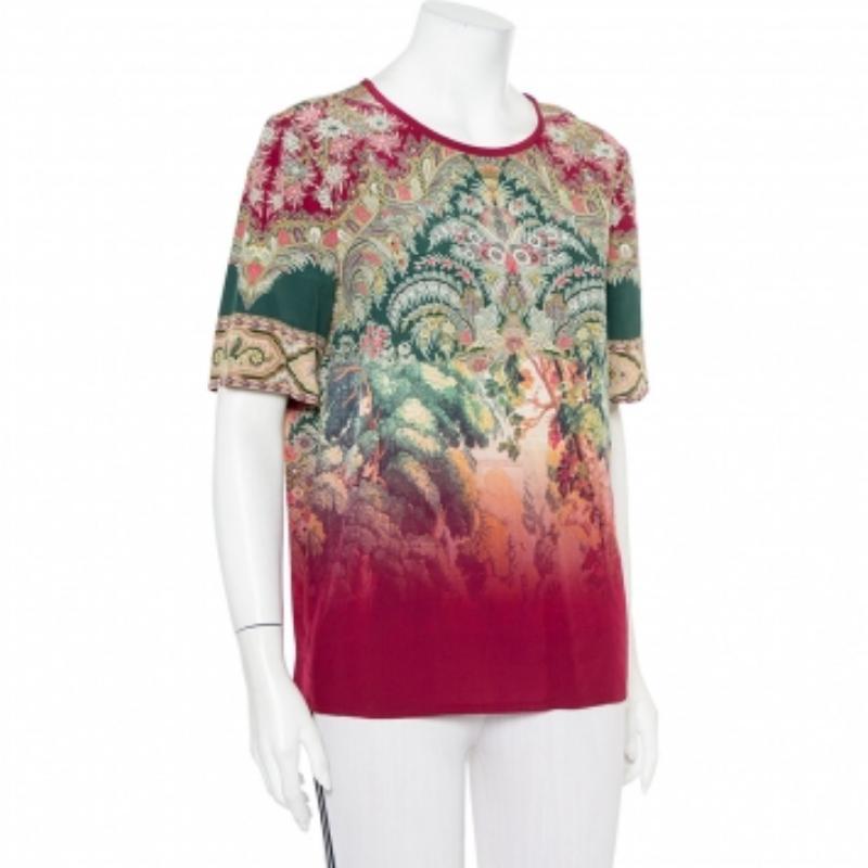 Etro Multicolor Paisley Printed Silk Ombre Effect Short Sleeve Top M For Sale 1