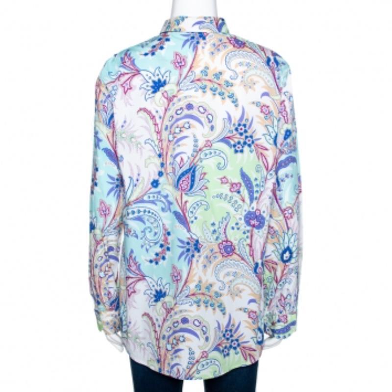 Etro Camisa de algodón elástico con estampado de cachemira multicolor y botones delanteros L Gris en venta