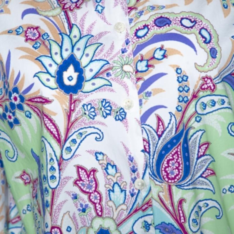 De las mujeres Etro Camisa de algodón elástico con estampado de cachemira multicolor y botones delanteros L en venta
