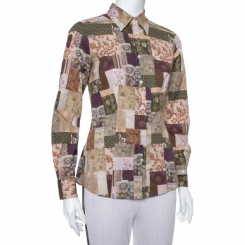 Brown Etro Multicolor Paisley Printed Stretch Cotton Button front Shirt M For Sale