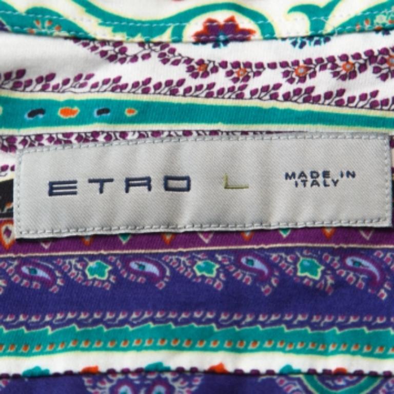 Nero Etro - Camicia in cotone con stampa paistley multicolore L in vendita