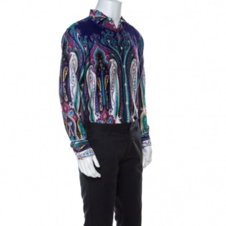 Etro - Camicia in cotone con stampa paistley multicolore L in vendita 1