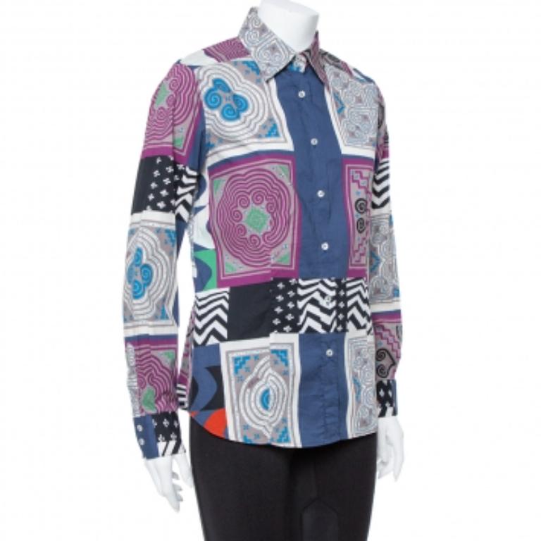 Gray Etro Multicolor Patchwork Print Cotton Button Front Shirt L For Sale