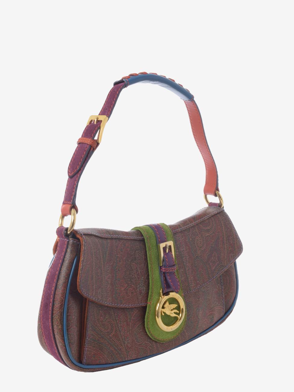 Etro Multicolor Patterned Shoulder Bag is a hobo bag that can also be held by hand thanks to the adjustable handle with golden logo buckle. front closure with magnetic flap and single interior compartment with zippered pocket. logo charm on the