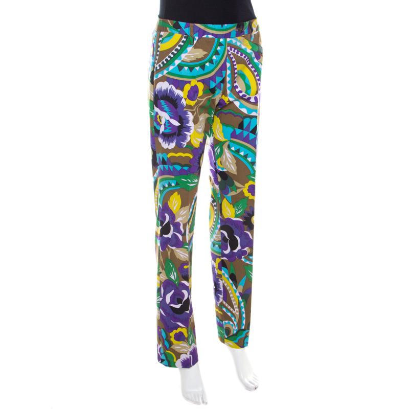 Gris Etro - Pantalon droit en coton imprimé multicolore, taille M en vente