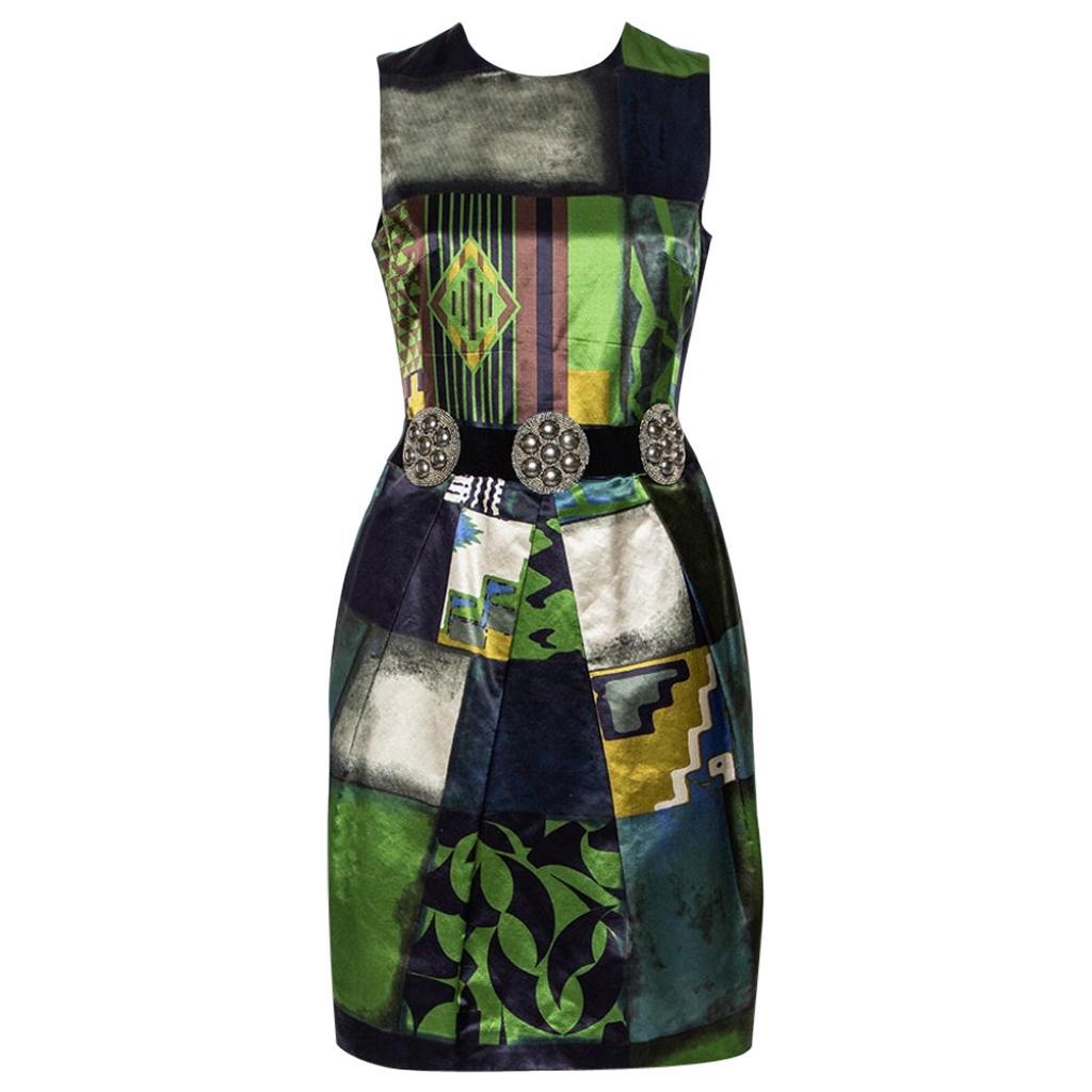 Etro Multicolor Printed Embellished Waist Belt Detail Pleated Sheath Dress M