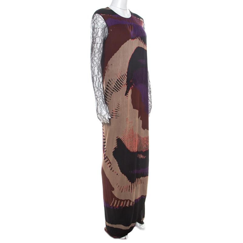 Black Etro Multicolor Printed Jersey Lace Sleeve Detail Maxi Dress L