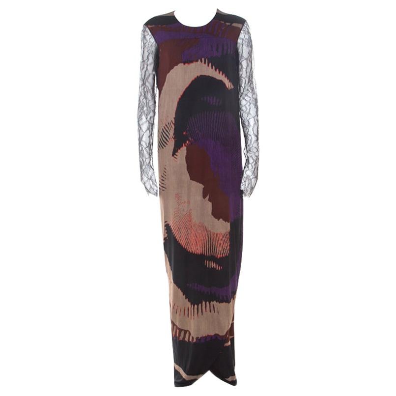 Etro Multicolor Printed Jersey Lace Sleeve Detail Maxi Dress L