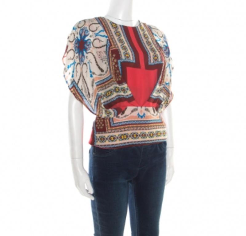 Donna Etro Top Blouson in seta stampata multicolore S in vendita