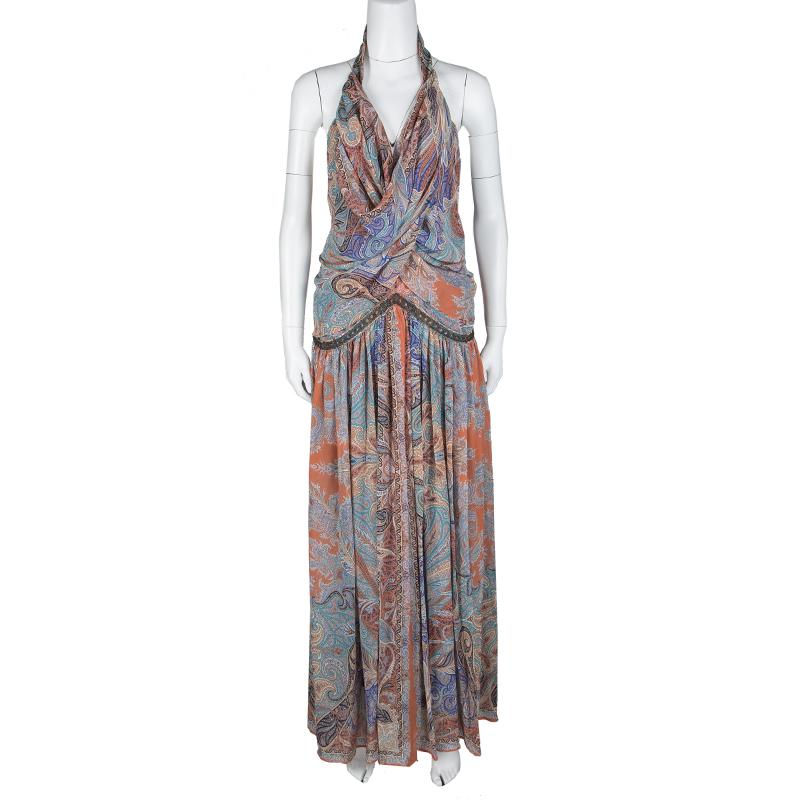 Gray Etro Multicolor Printed Silk Draped Embellished Waist Maxi Dress S