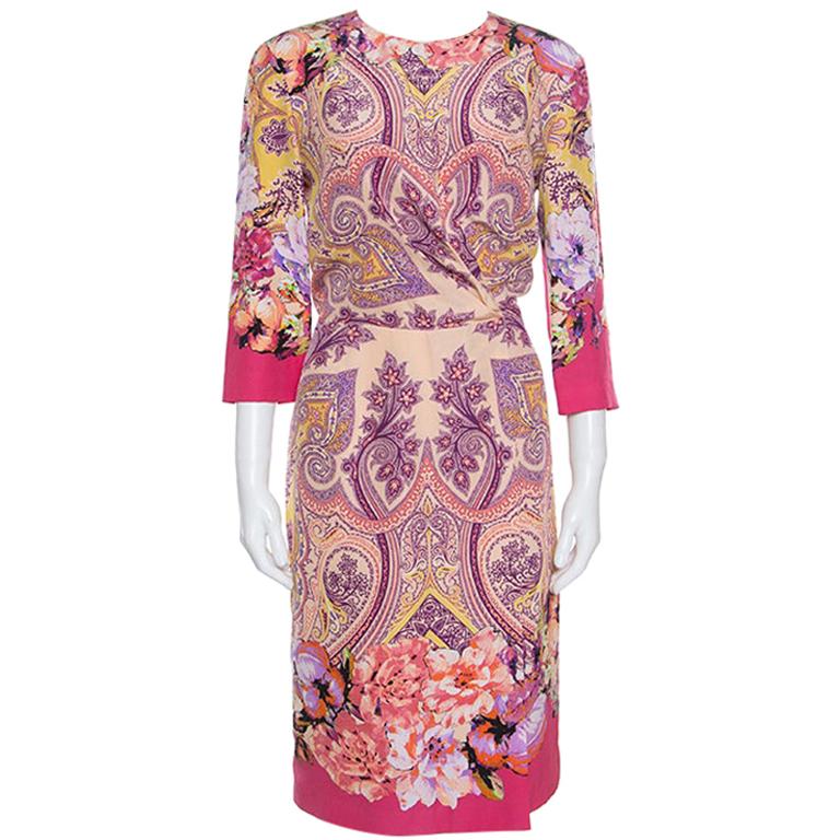 Etro Multicolor Printed Silk Draped Front Faux Wrap Dress L at 1stDibs