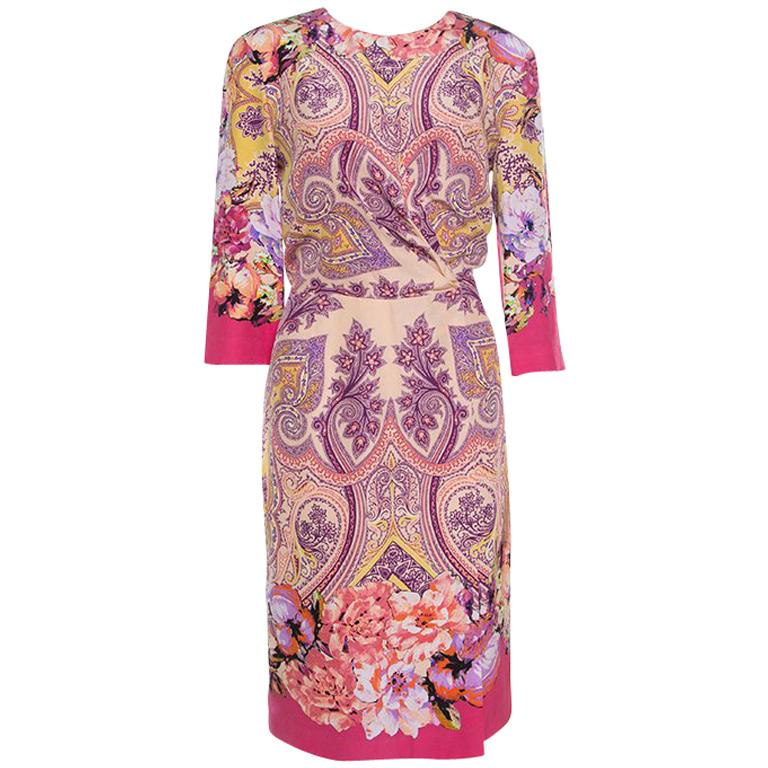 Etro Multicolor Printed Silk Draped Front Faux Wrap Dress L at 1stDibs