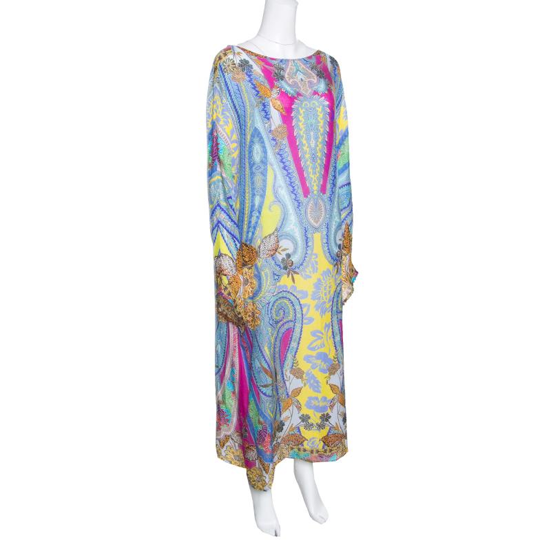 Gray Etro Multicolor Printed Silk Gauze Long Sleeve Dress M