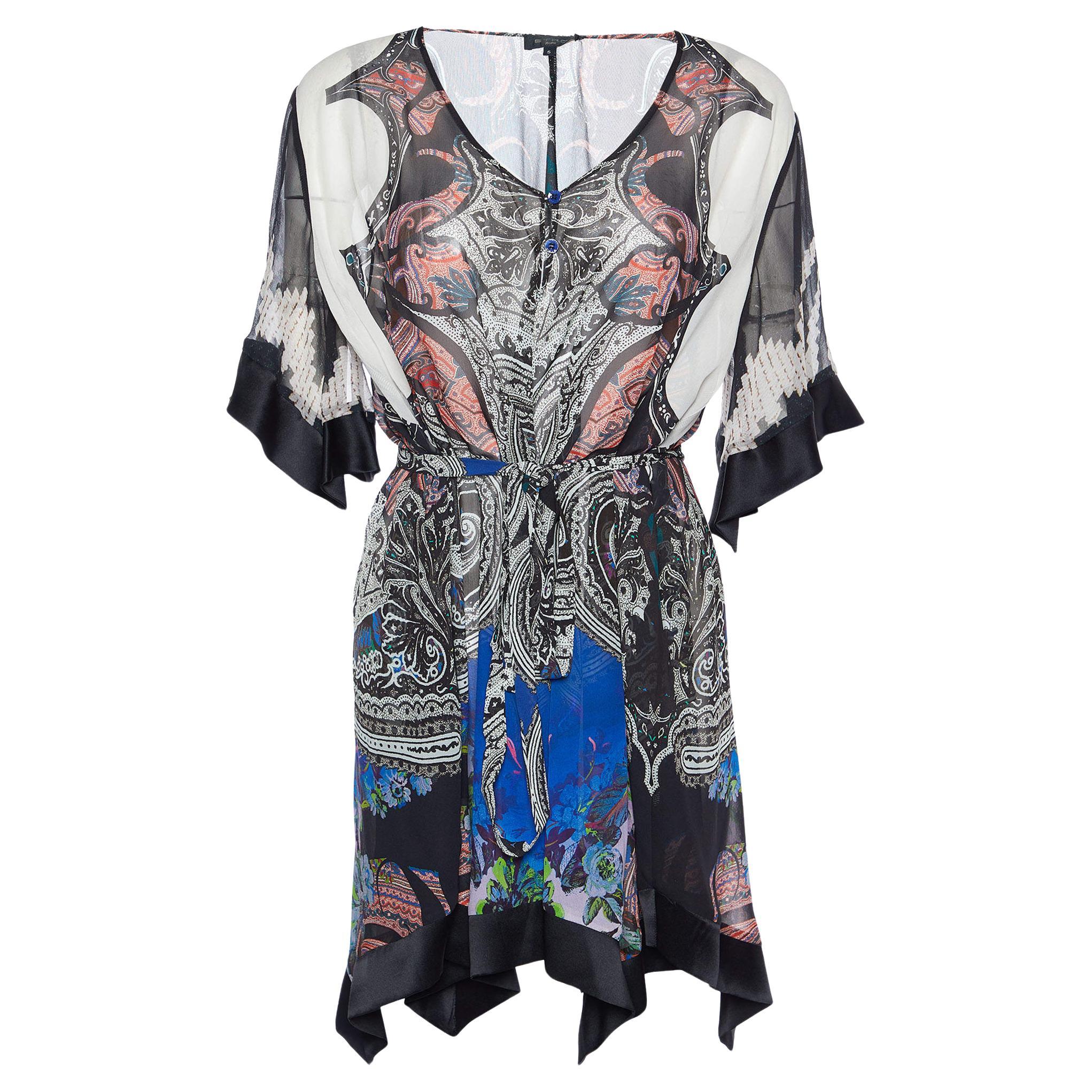 Etro Multicolor Printed Silk & Satin Trim Belted Tunic S For Sale
