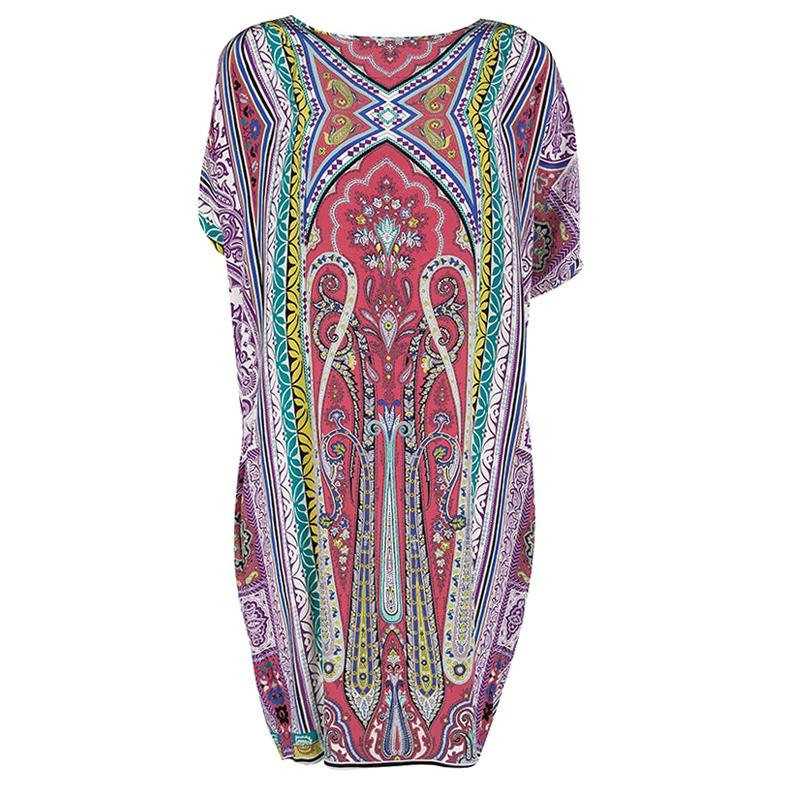 Etro Multicolor Printed Silk Slit Sleeve Detail Shift Dress L