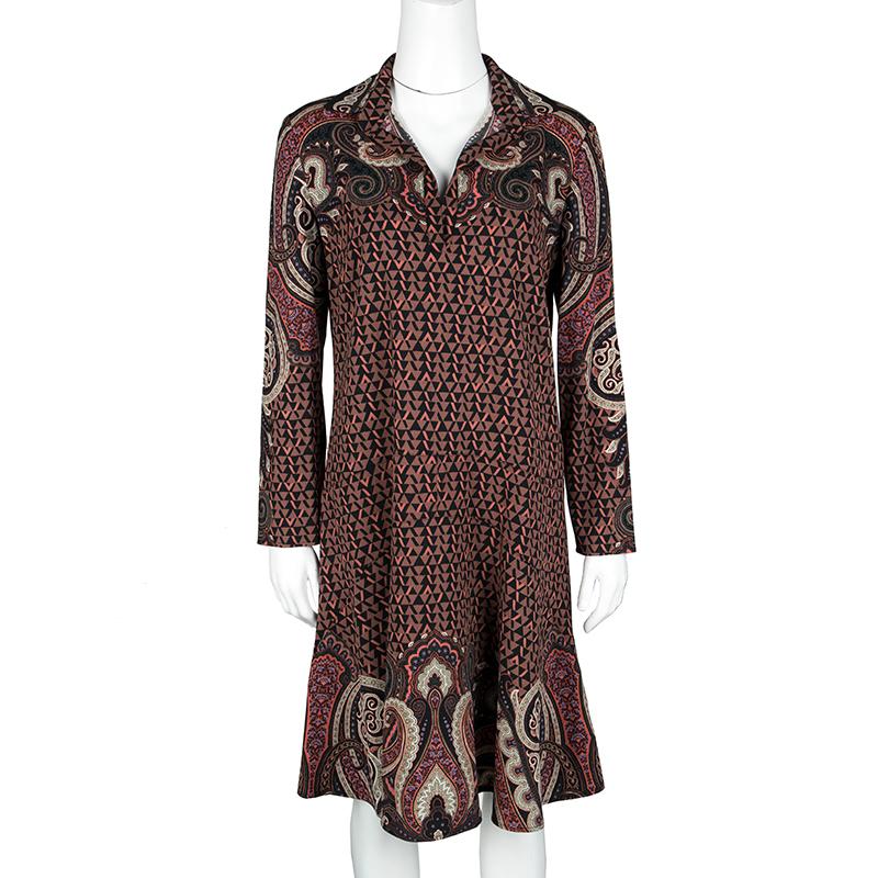 Black Etro Multicolor Printed Wool Crepe Long Sleeve Flared Bottom Dress M