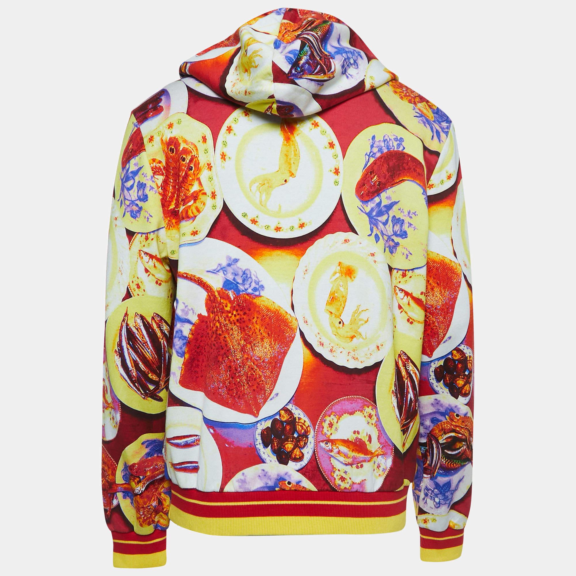 Etro Multicolor Seafood Print Jersey Zip Front Hooded Jacket XL In Good Condition For Sale In Dubai, Al Qouz 2
