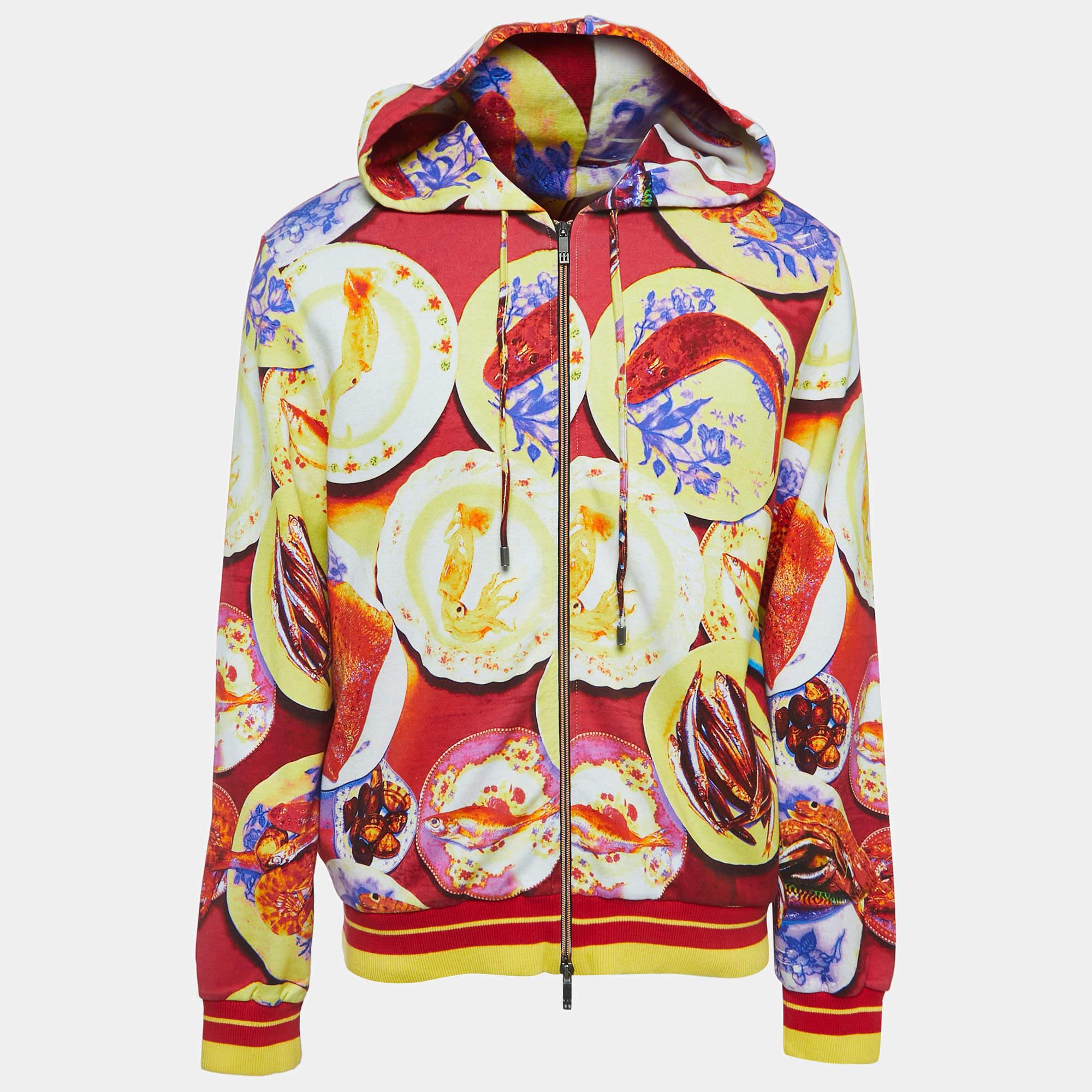 Etro Multicolor Seafood Print Jersey Zip Front Hooded Jacket XL For Sale 1