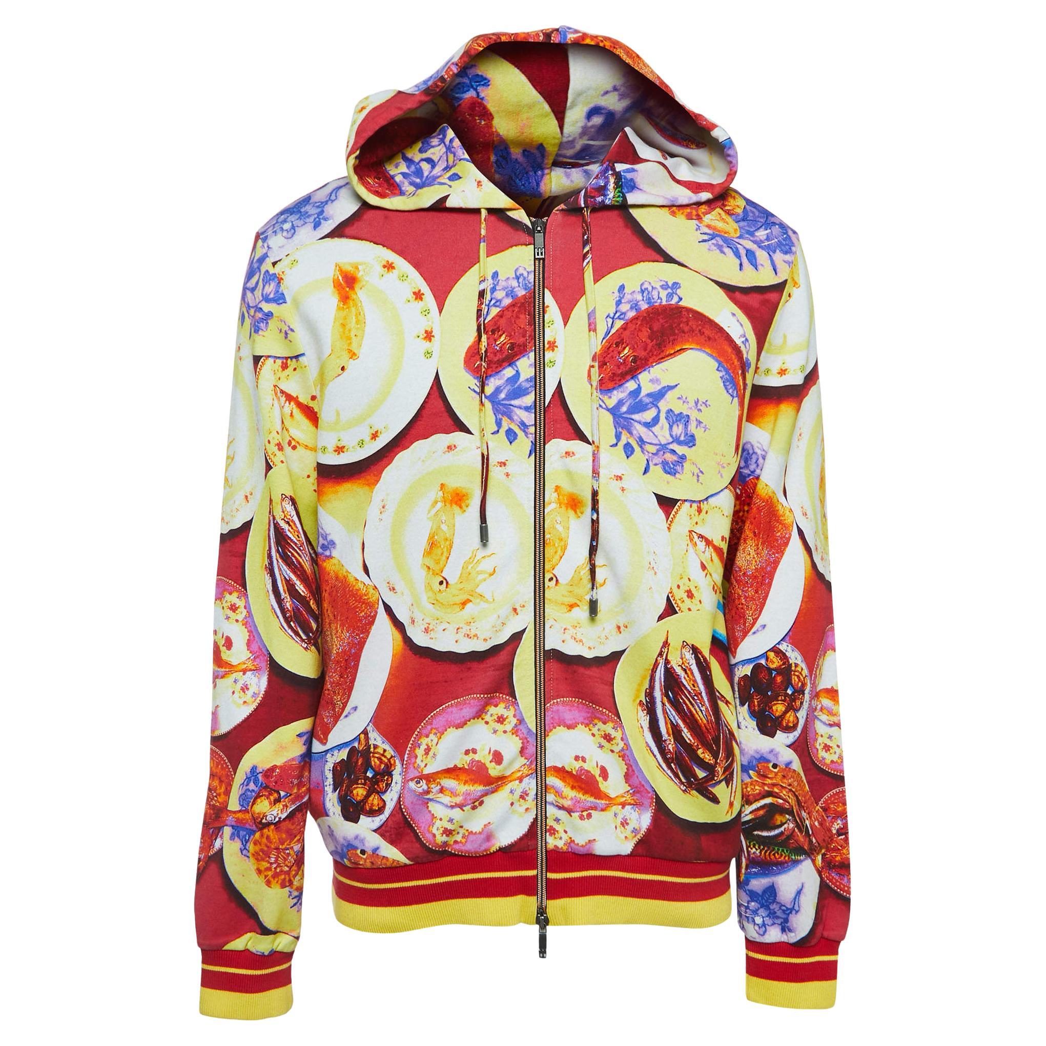Etro Multicolor Seafood Print Jersey Zip Front Hooded Jacket XL For Sale