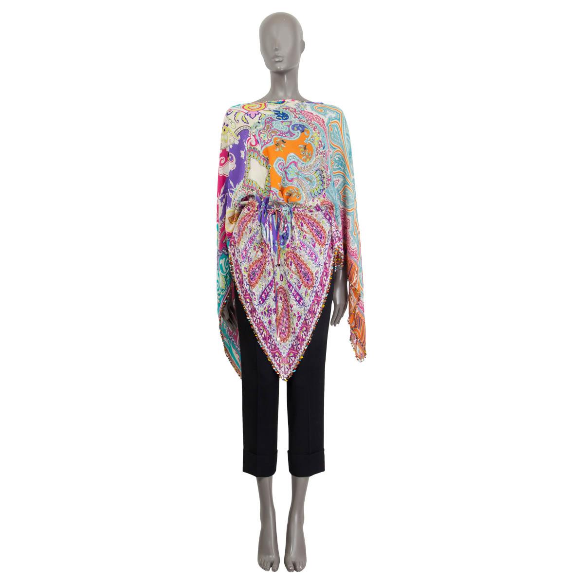 100% authentic Etro multicolour paisley print tunic blouse in turquoise, pink, blue, white and lime silk (100%). Features an handkerchief hemline embellished with multicolored beads. Has a drawstring closure. Unlined. Has been worn once and is in