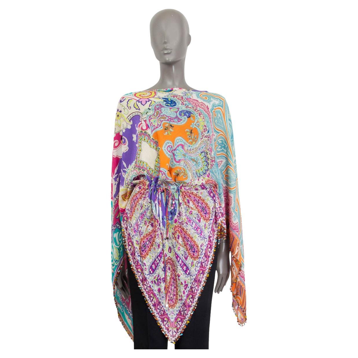 ETRO multicolor silk PAISLEY BEADED HEM PONCHO TUNIC Blouse Shirt ONE SIZE For Sale