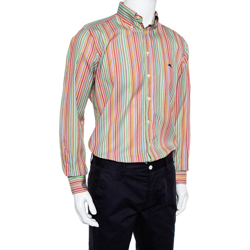 Beige Etro Multicolor Striped Cotton Button Front Shirt M