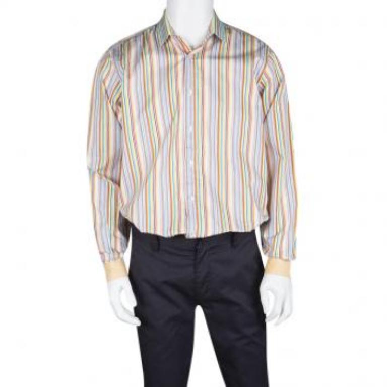 Etro Camisa de rayas multicolor de algodón con detalle de puños en contraste de manga larga L Gris en venta