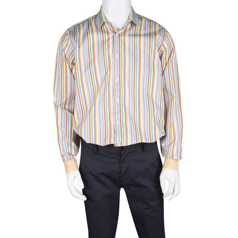 Etro Multicolor Striped Cotton Contrast Cuff Detail Long Sleeve Shirt L In Good Condition For Sale In Dubai, Al Qouz 2