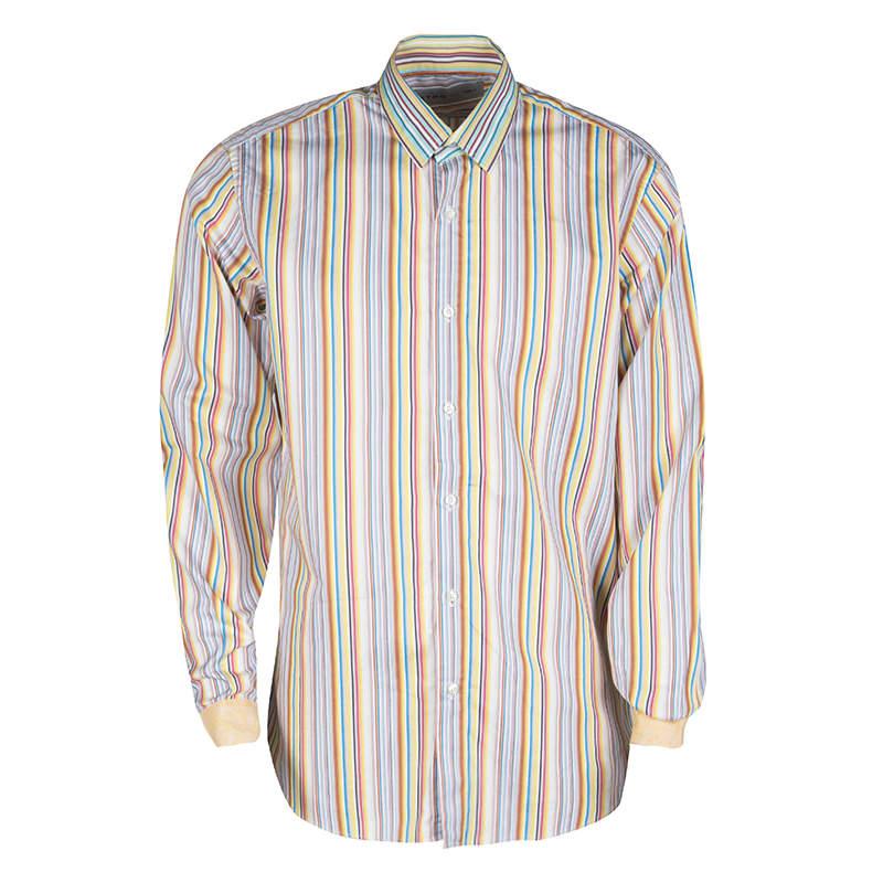 Etro Multicolor Striped Cotton Contrast Cuff Detail Long Sleeve Shirt L For Sale