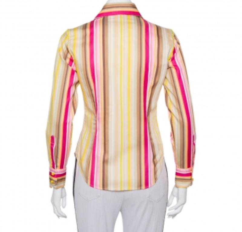 Beige Etro Multicolor Striped Cotton Fitted Button Front Shirt S For Sale