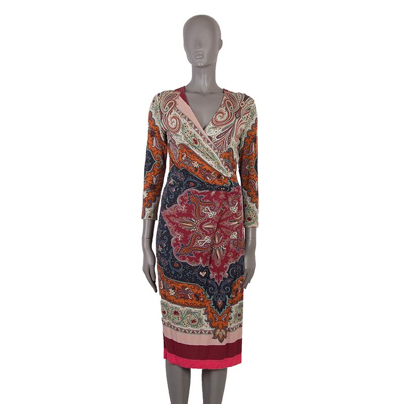 100% authentic Etro 3/4-sleeve paisley wrap dress in raspberry, pale rose, terracotta, charcoal, sage, off-white, and pink viscose (85%), elastane (8%), and cashmere (7%). Unlined. Has been worn and is in excellent condition. 

Measurements
Tag