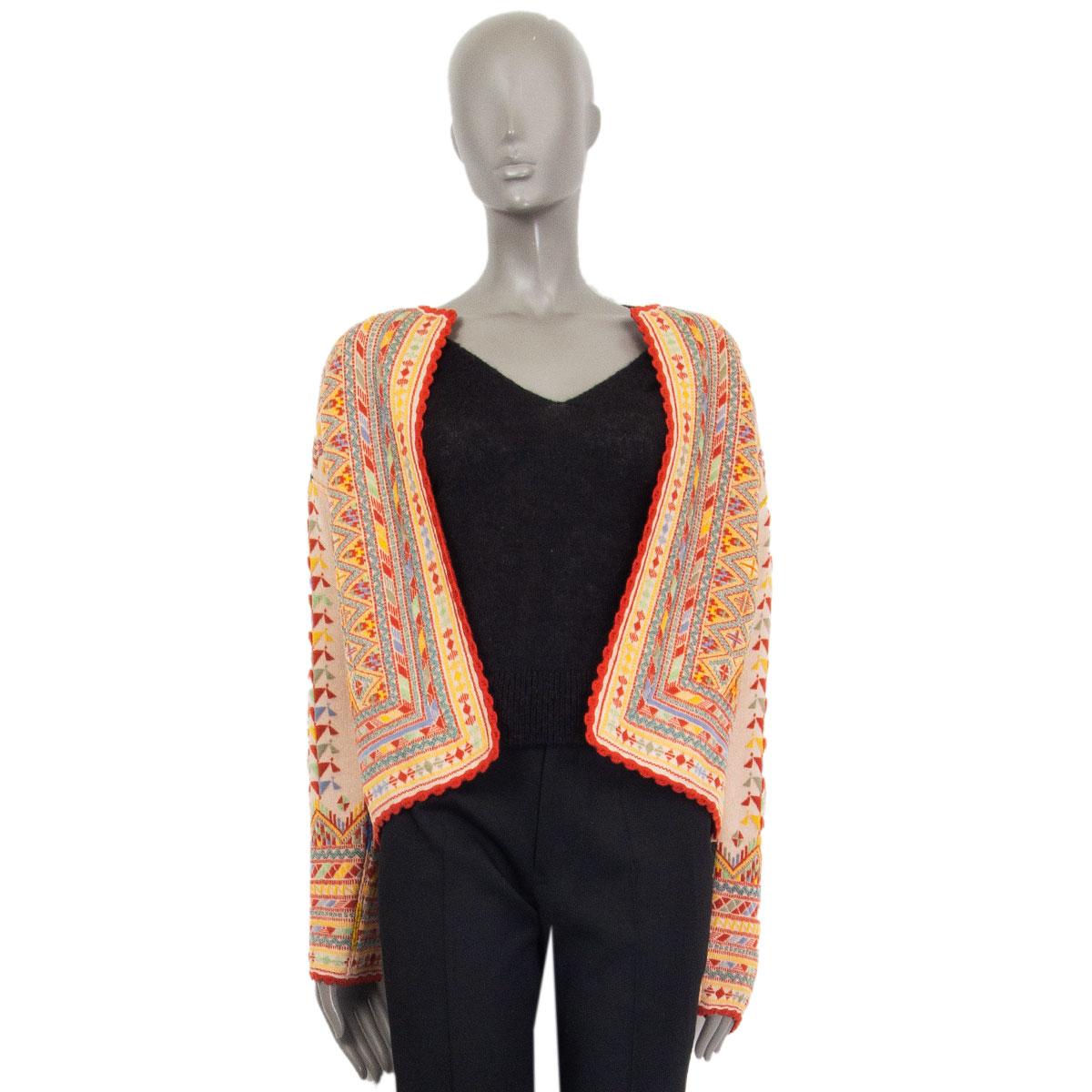 authentic Etro open knitted jacket in nude, red, mustard yellow, light green and blue wool (39%) viscose (28%) cotton (12%) polyester (9%) silk (6%) elastane (3%) other fiber (3%) with a geometric pattern, curved knitting along the hemline and long