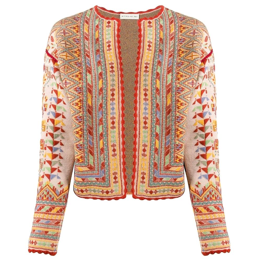 ETRO multicolor wool blend EMBROIDERED OPEN JACQUARD KNIT Jacket 42 M