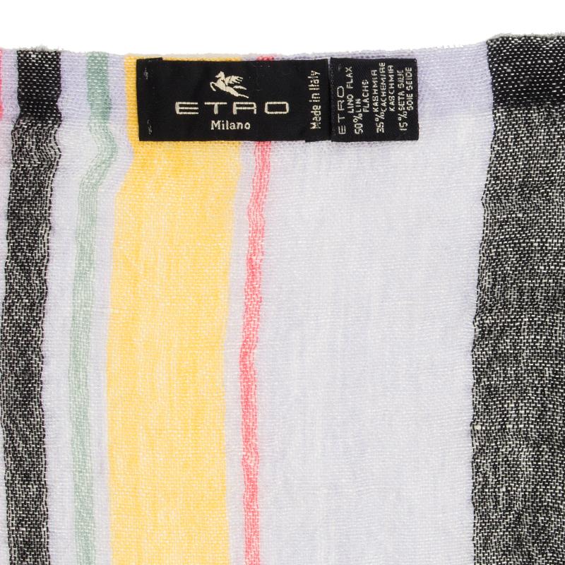 ETRO multicolored STRIPED linen cashmere silk Oblong Scarf In Excellent Condition For Sale In Zürich, CH