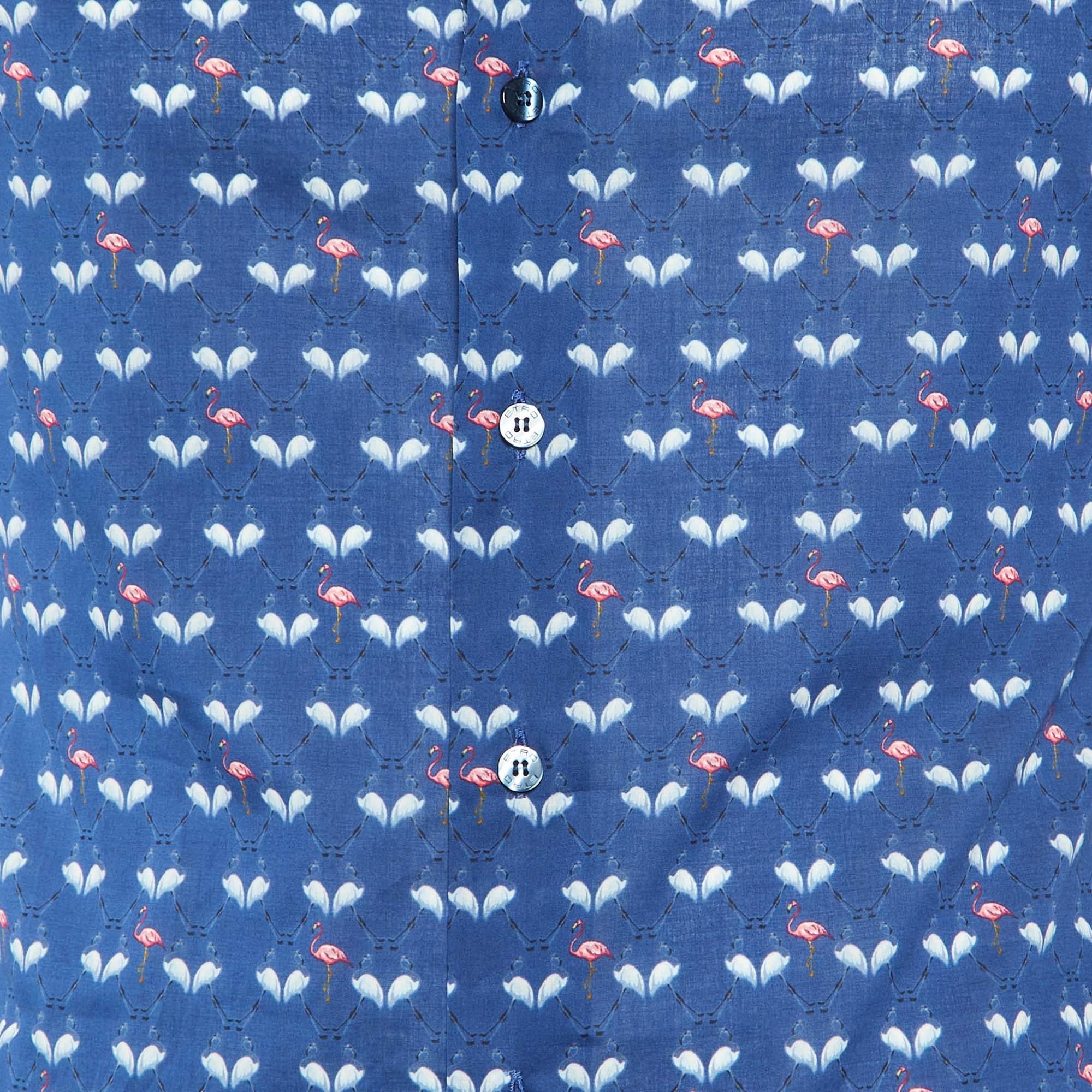 Blu Etro - Camicia a maniche lunghe in cotone con stampa di fenicotteri blu navy M. I. in vendita
