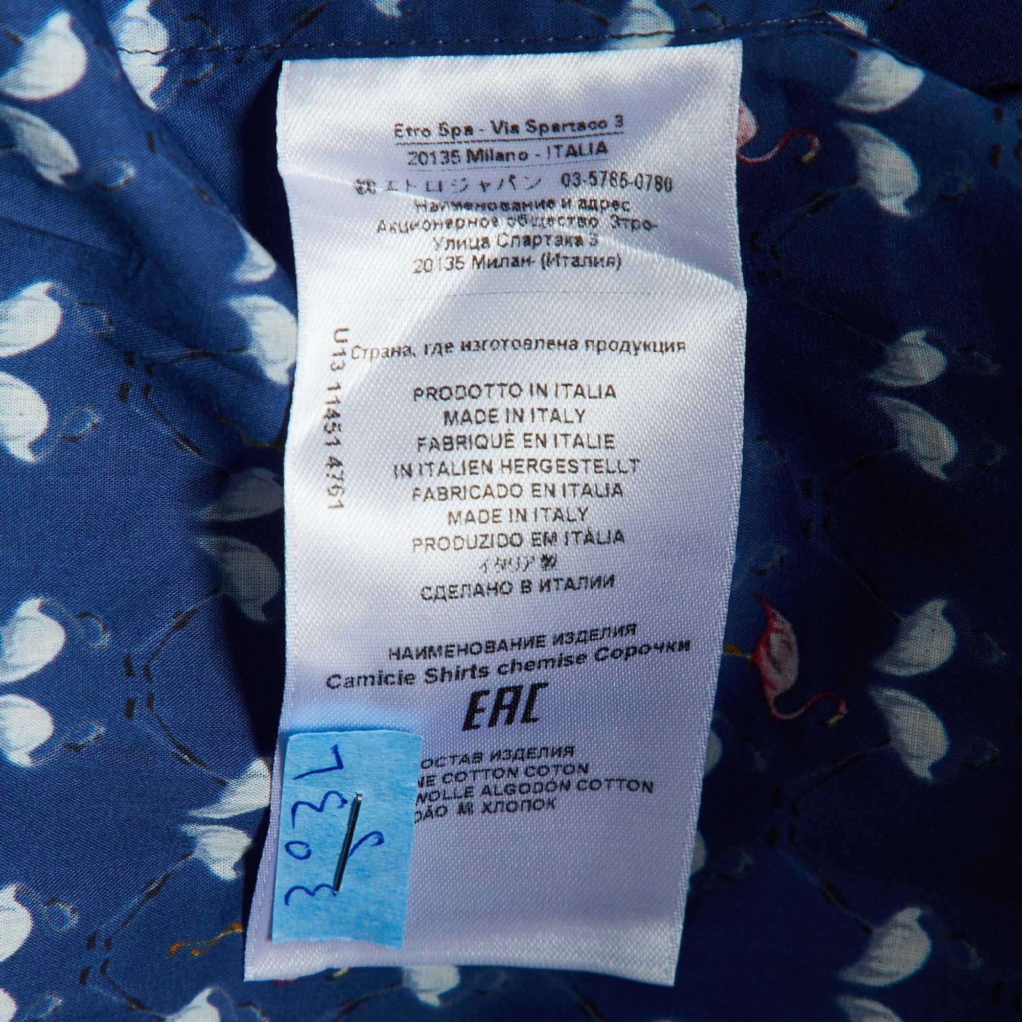 Etro - Camicia a maniche lunghe in cotone con stampa di fenicotteri blu navy M. I. in vendita 2