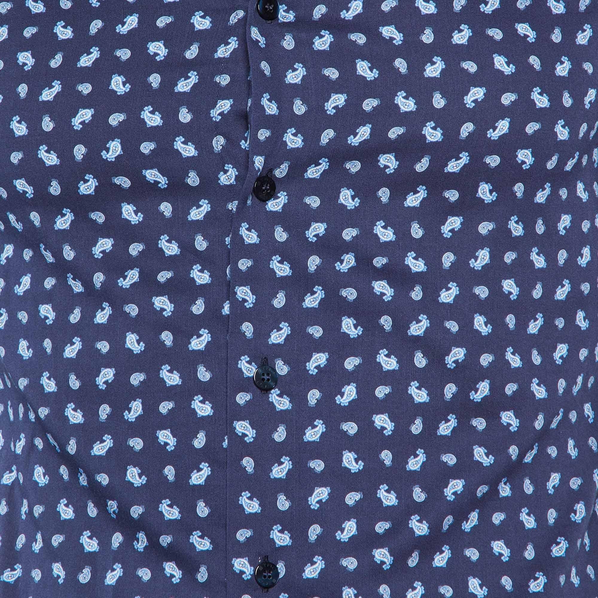Bleu Etro Chemise à manches longues en coton bleu marine à imprimé cachemire S en vente