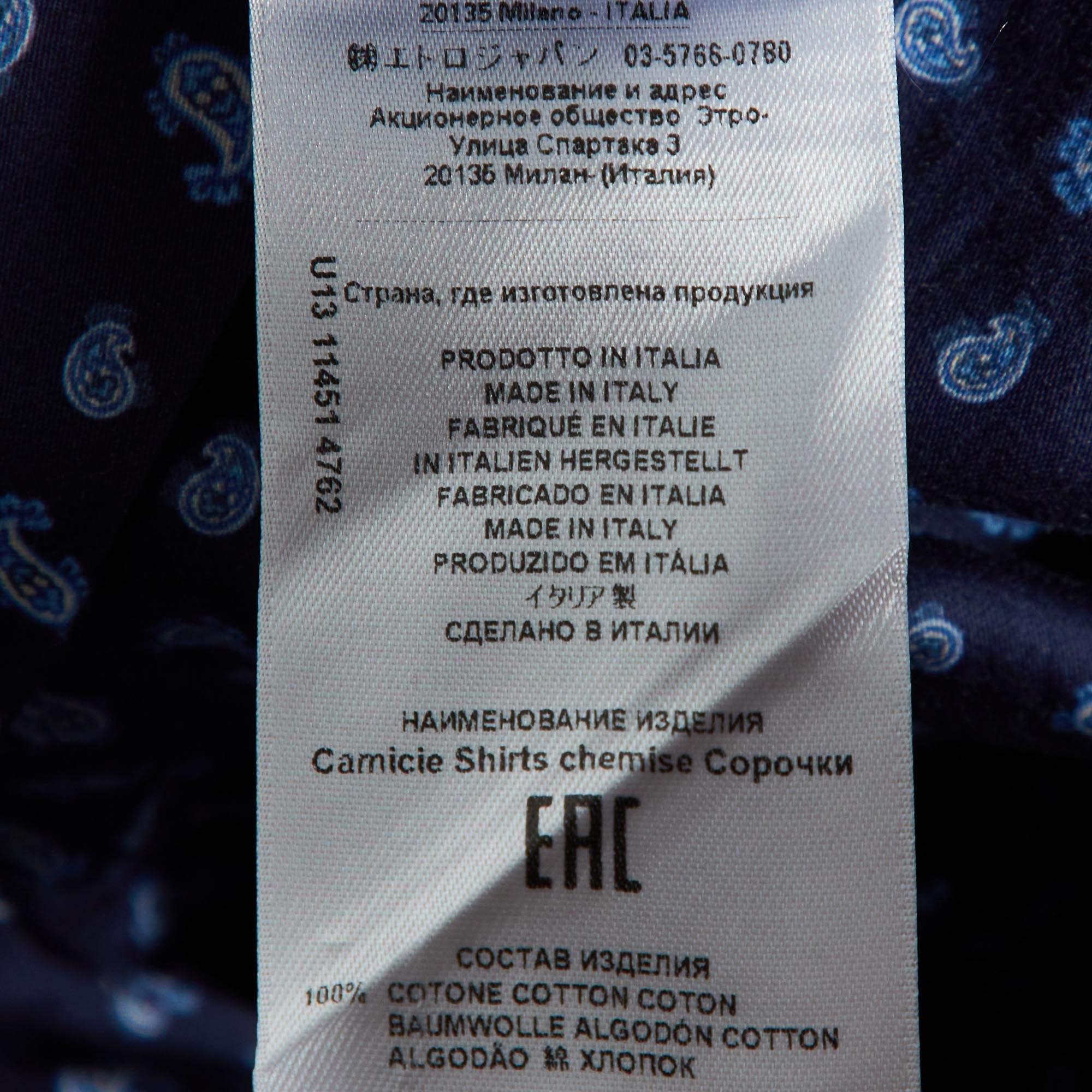 Etro Chemise à manches longues en coton bleu marine à imprimé cachemire S en vente 2