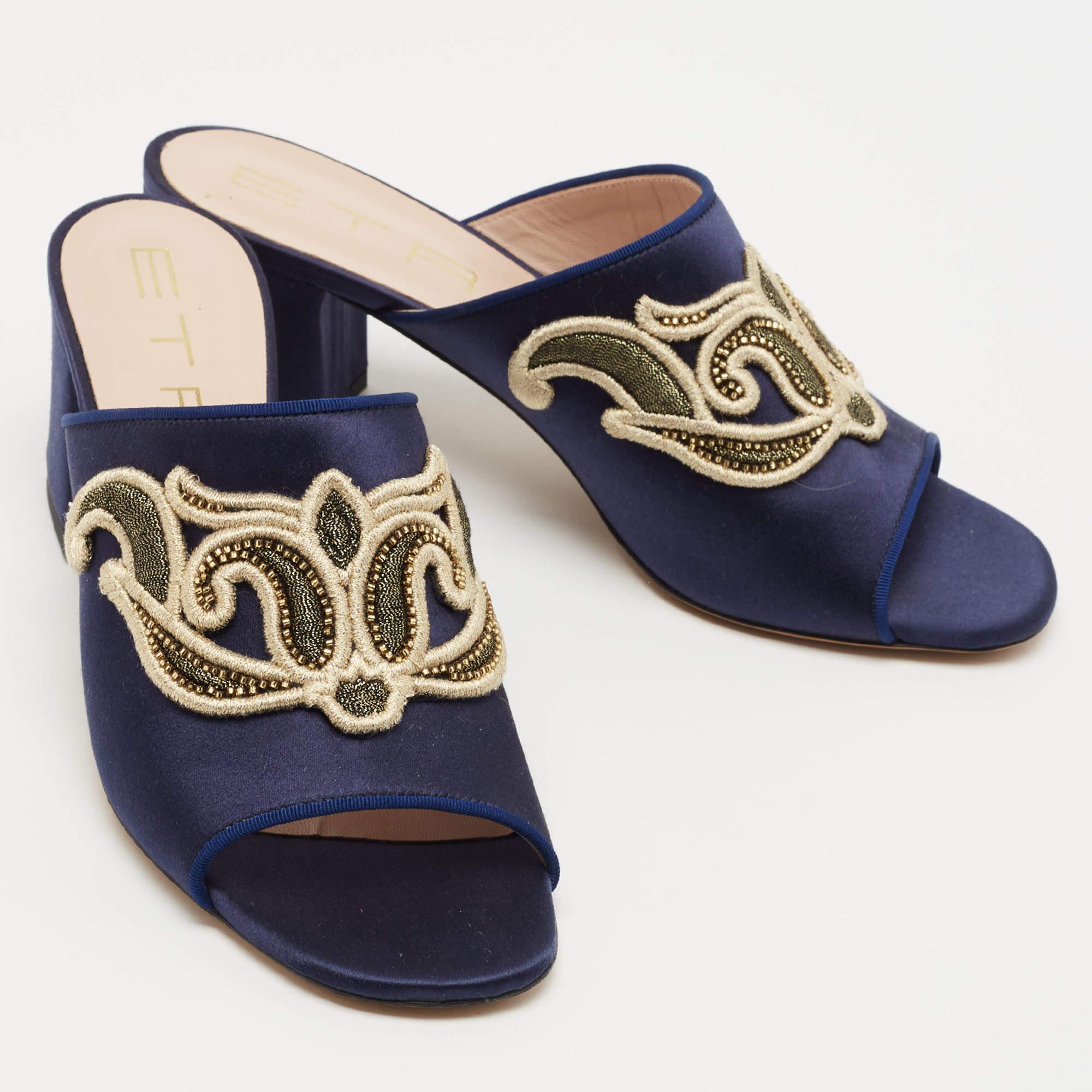 Women's Etro Navy Blue Satin Slide Sandals Size 40 For Sale