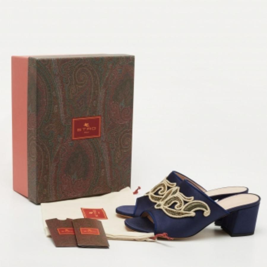 Etro Navy Blue Satin Slide Sandals Size 40 4