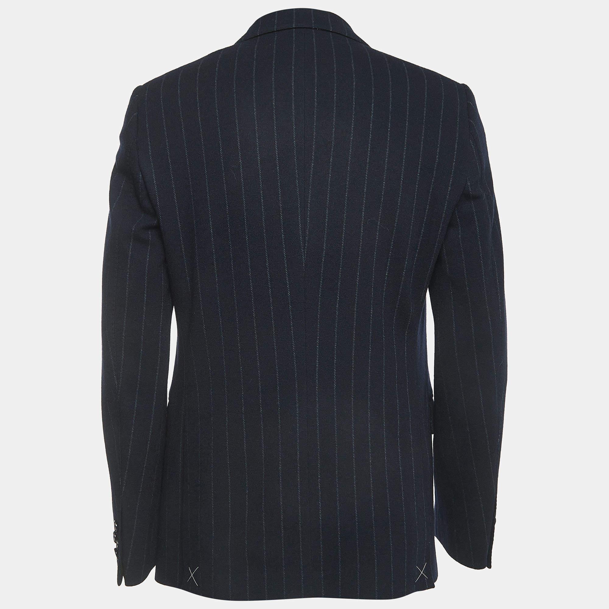 Etro Navy Blue Striped Patterned Wool Blend Double Breasted Blazer XL 1