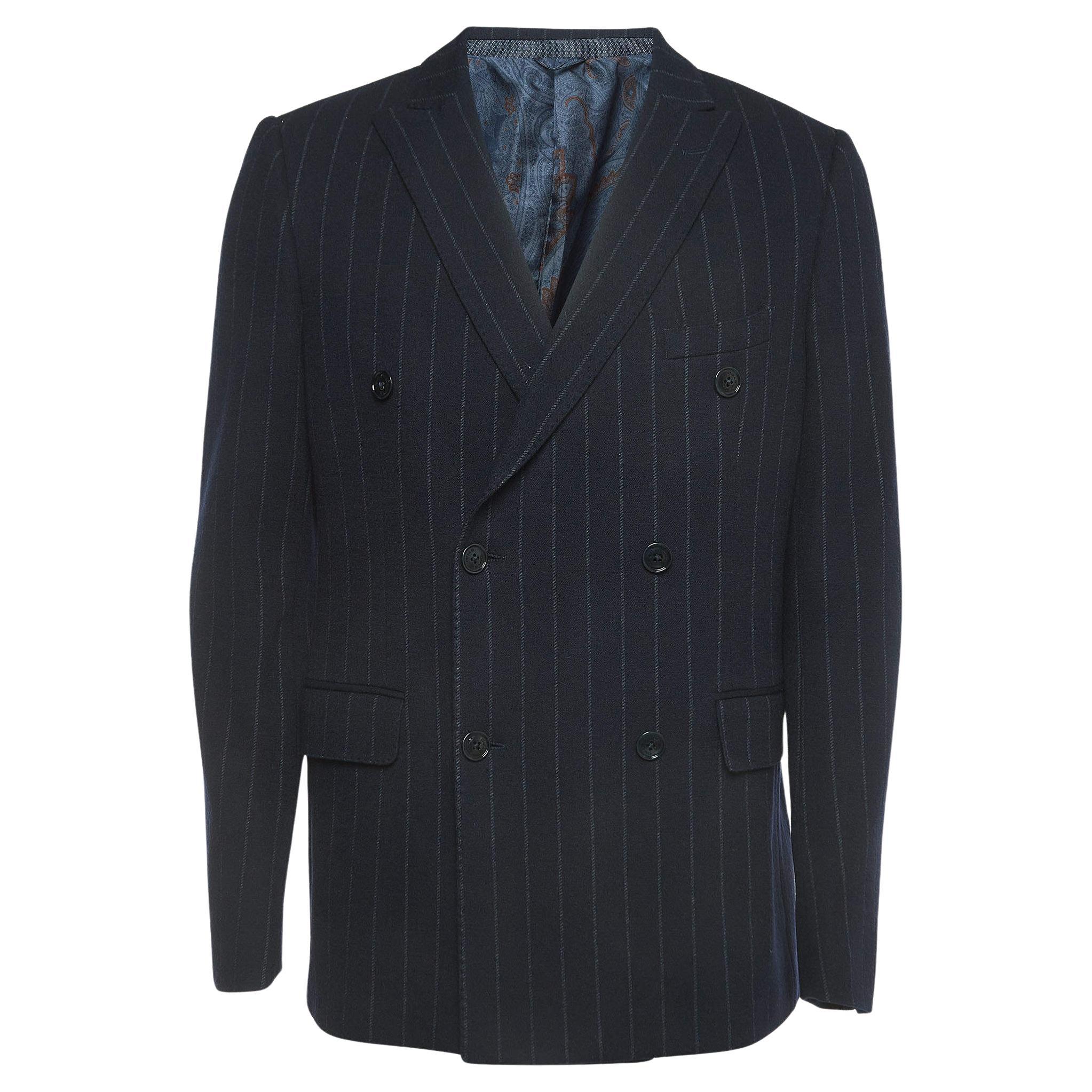 Etro Navy Blue Striped Patterned Wool Blend Double Breasted Blazer XL For Sale