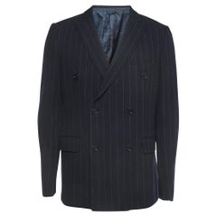 Used Etro Navy Blue Striped Patterned Wool Blend Double Breasted Blazer XL