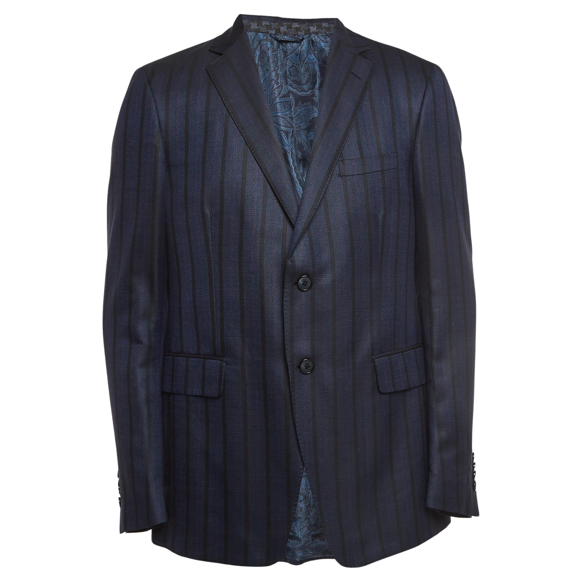 Etro Navy Blue Striped Wool Blend Single Breasted Blazer XL For Sale