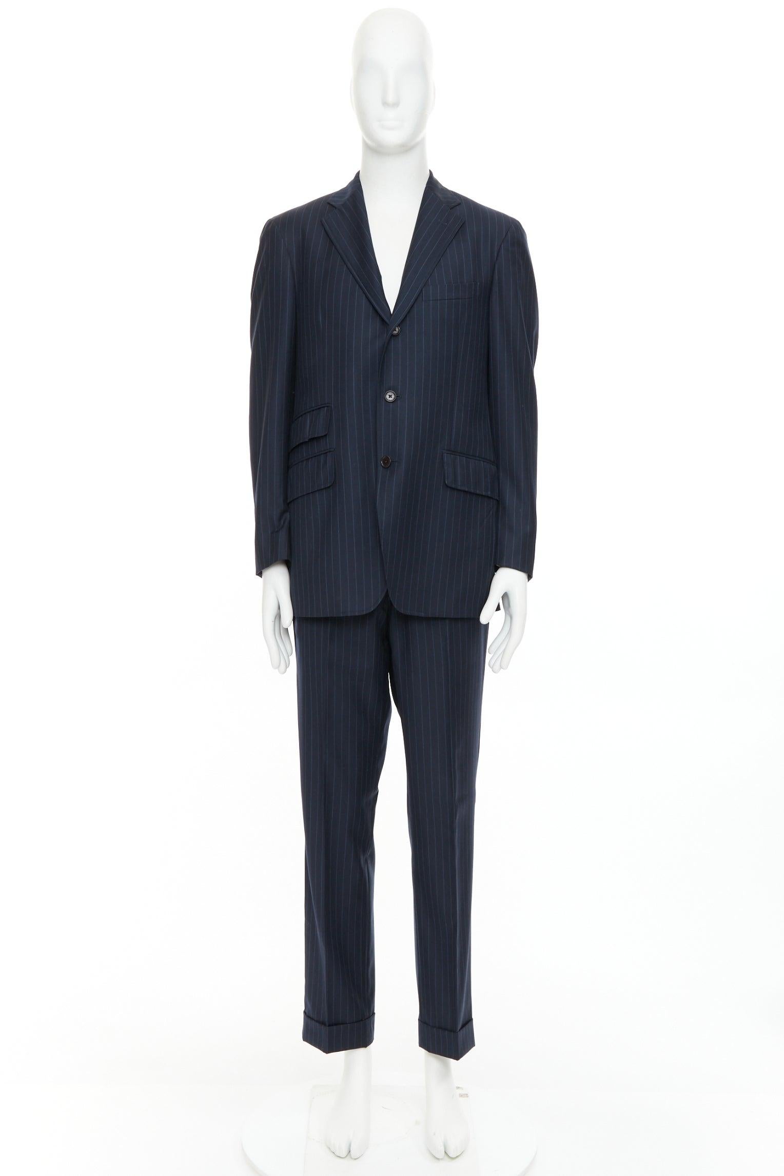 ETRO navy pinstripe 100% wool single breasted cropped blazer jacket IT50 L en vente 6